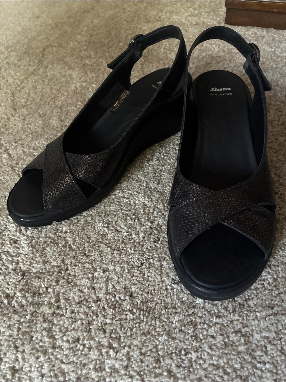Women's Black Metallic Slingback Wedge Sandals